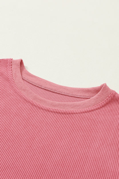 Strawberry Pink Drop Sleeve Crinkle Rib Oversized Sweatshirt