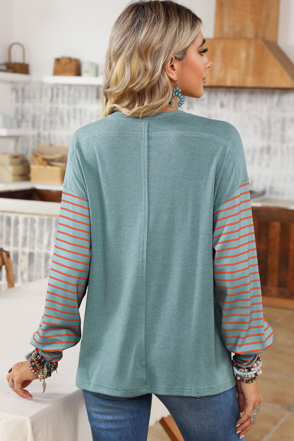 Gray Colorblock Striped Bishop Sleeve Side Slits Top