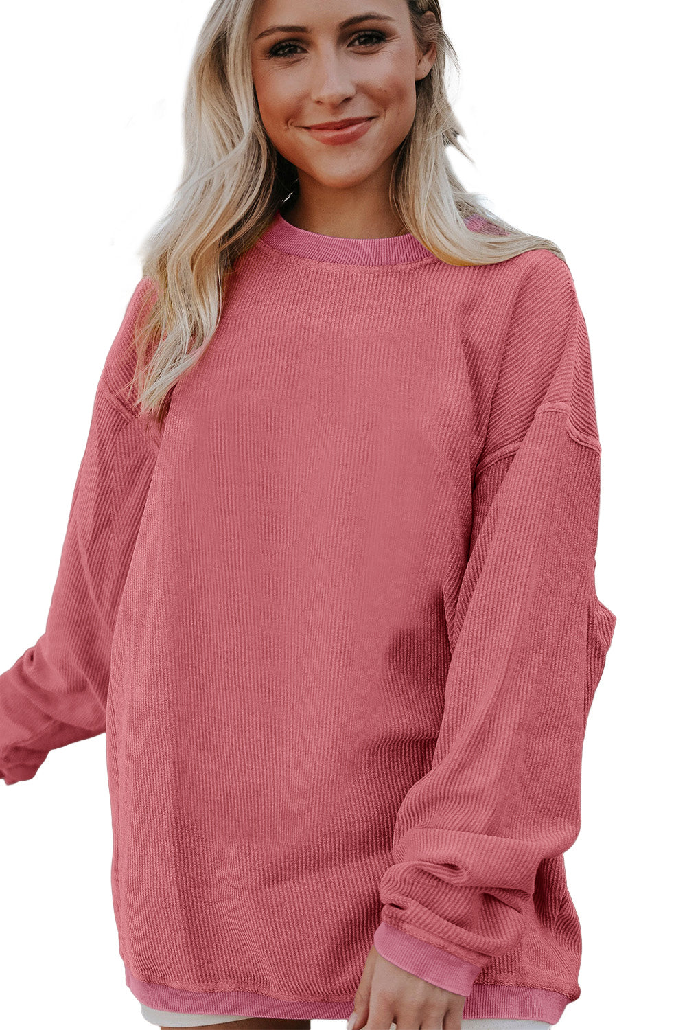 Strawberry Pink Drop Sleeve Crinkle Rib Oversized Sweatshirt