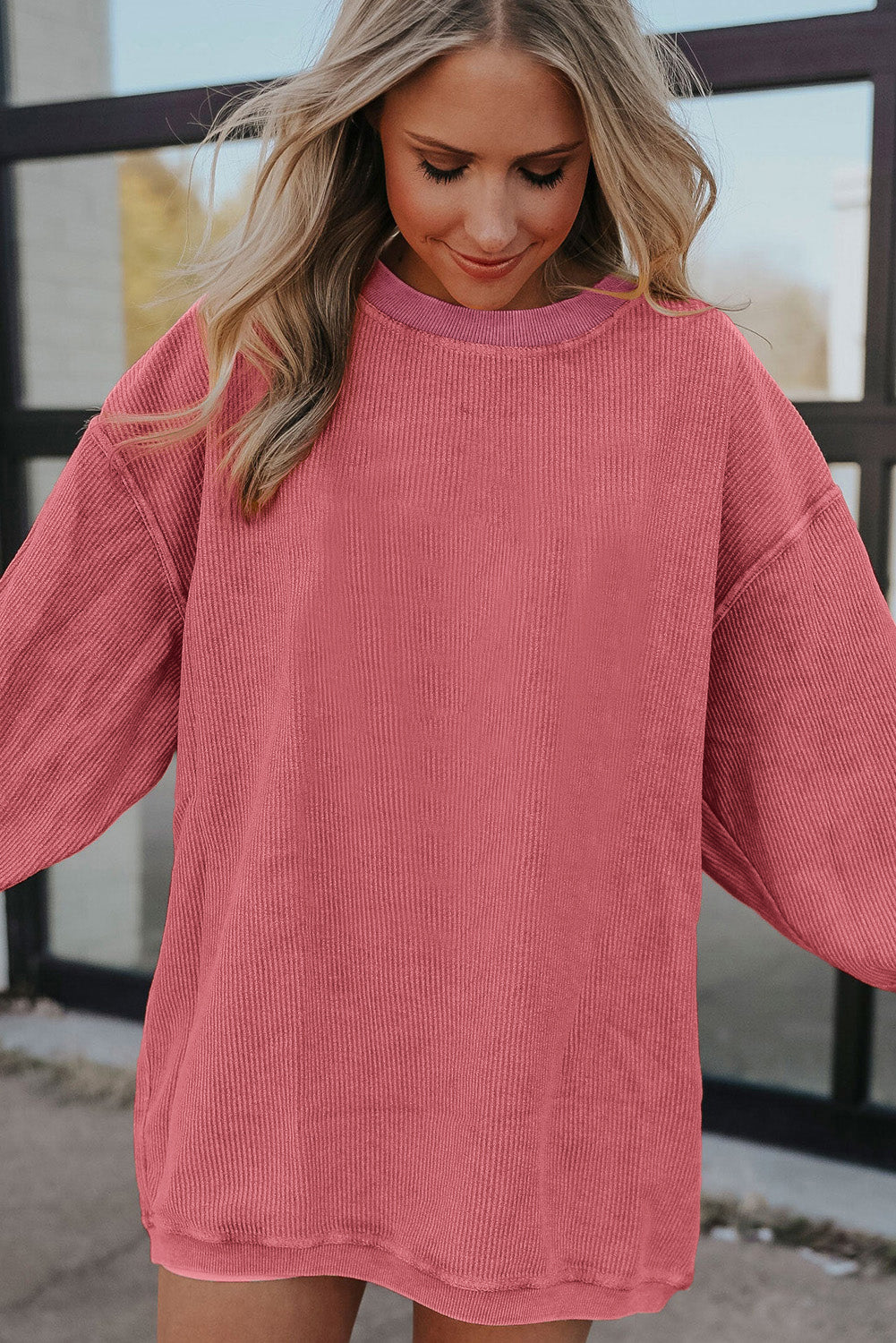 Strawberry Pink Drop Sleeve Crinkle Rib Oversized Sweatshirt