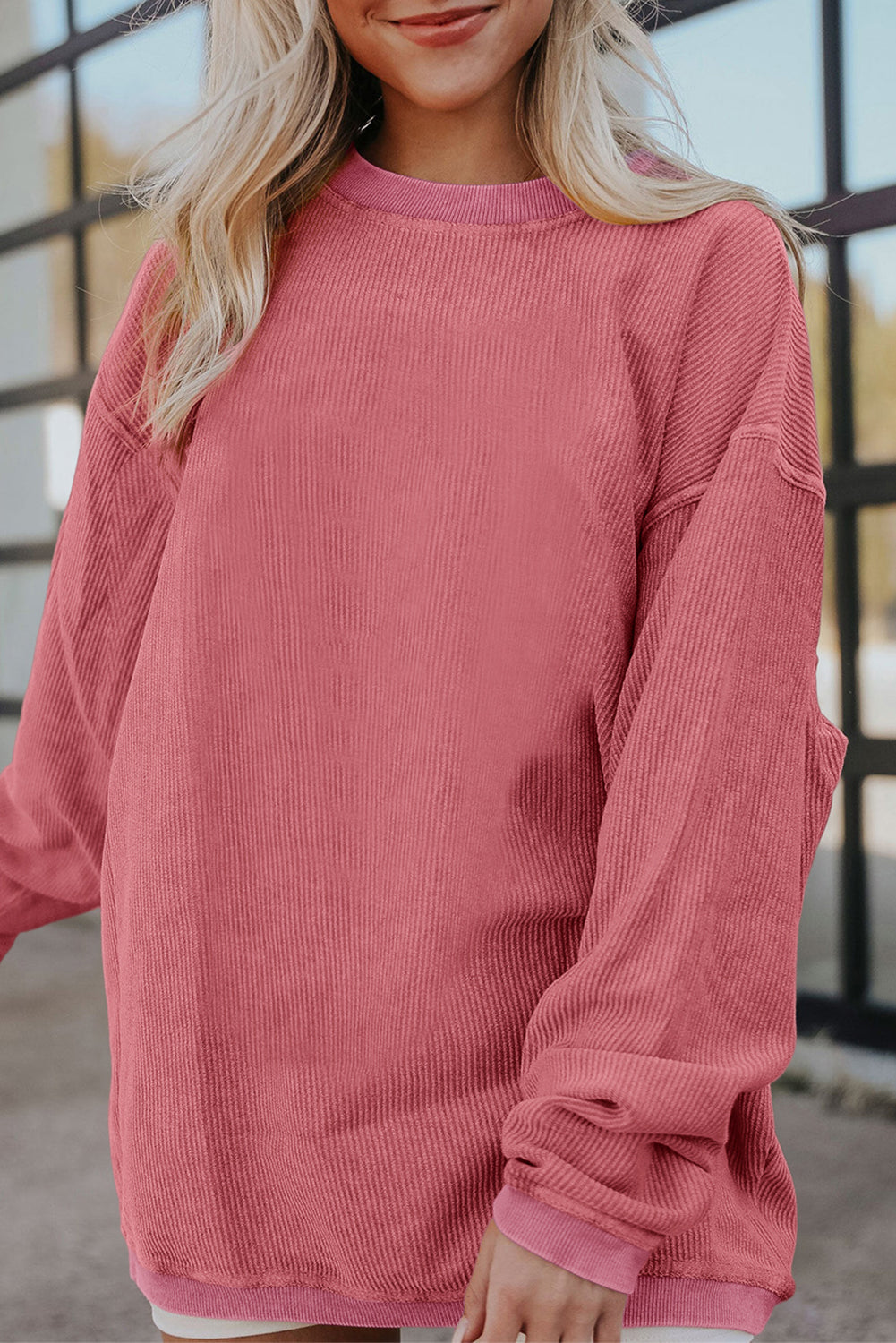 Strawberry Pink Drop Sleeve Crinkle Rib Oversized Sweatshirt