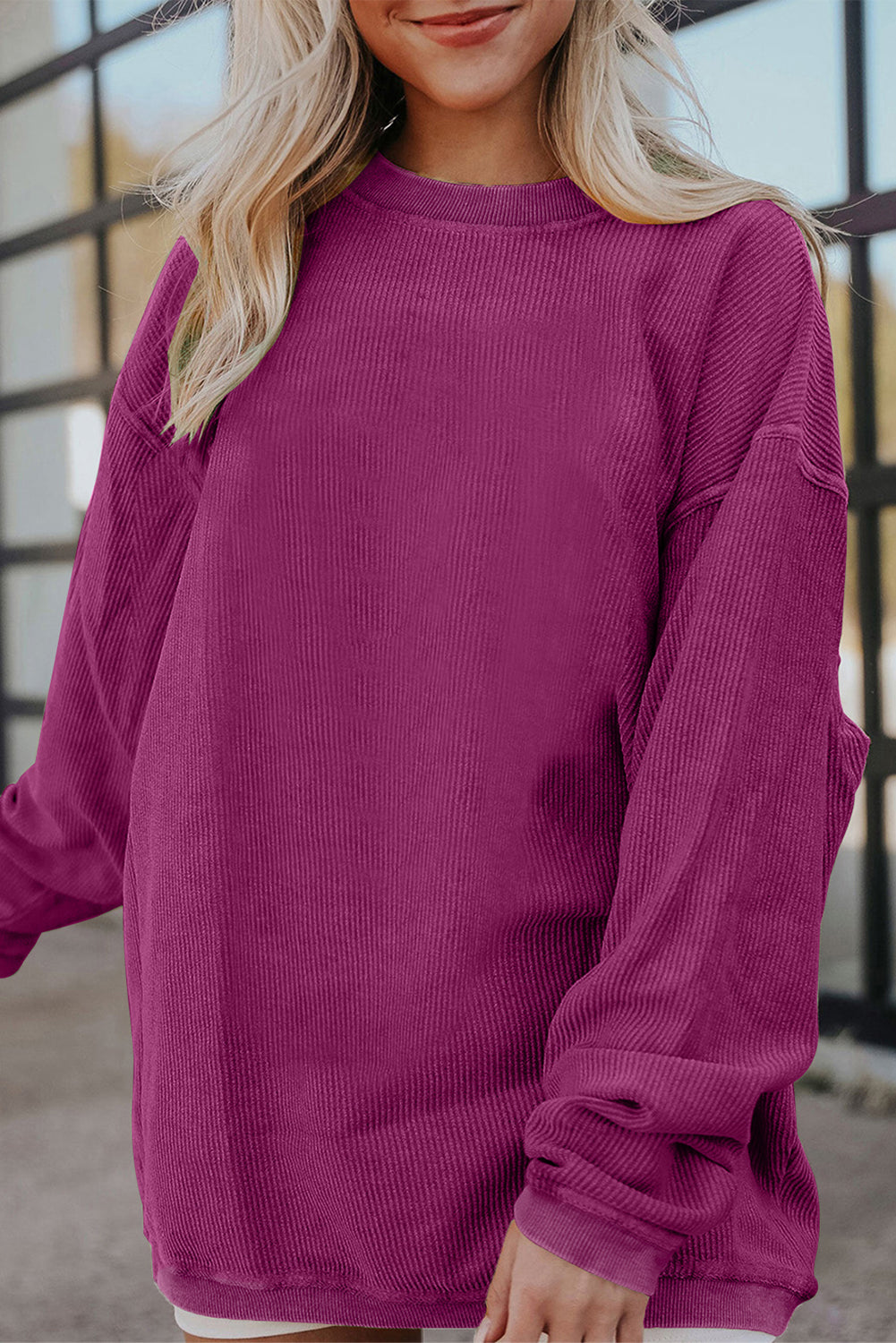 Strawberry Pink Drop Sleeve Crinkle Rib Oversized Sweatshirt