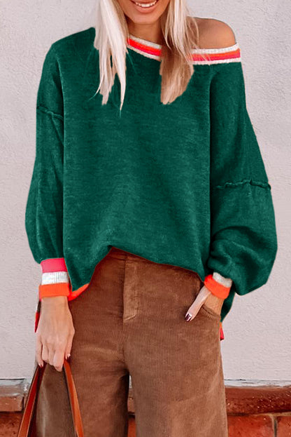 Parchment Striped Trim Drop Shoulder Sweater