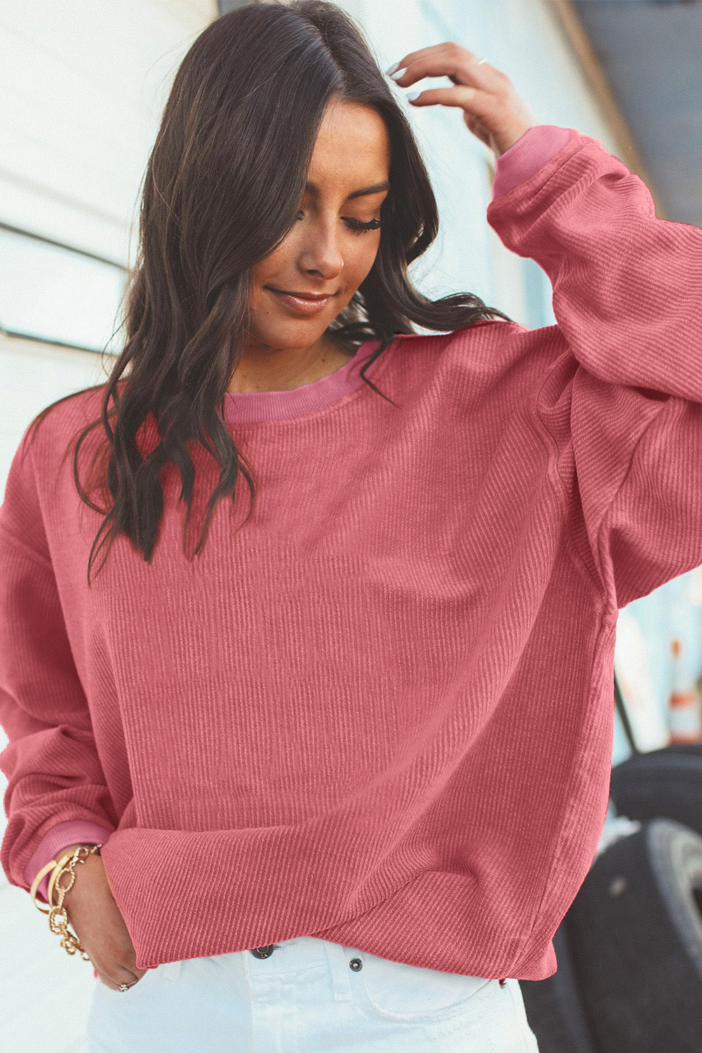 Strawberry Pink Drop Sleeve Crinkle Rib Oversized Sweatshirt